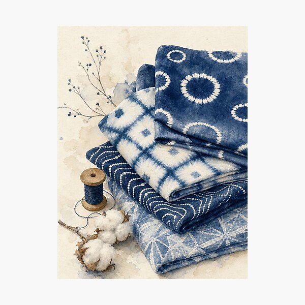 Item preview, Japanese Indigo Shibori Textile - Traditional Blue Dyed Fabric Watercolor designed and sold by vekotpu.