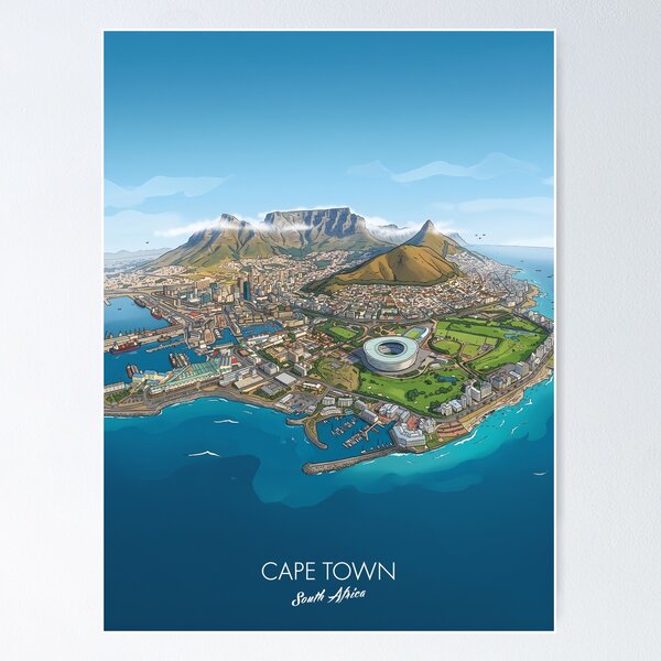 Item preview, Cape Town Panorama Bird's-eye view Table Mountain Stadium South Africa Retro Vintage Design Motif designed and sold by strandbar.