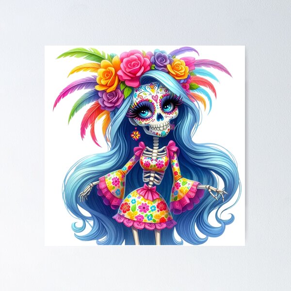 Item preview, Blue Hair Catrina Skeleton with Colorful Flowers designed and sold by Krasnovaovaova.