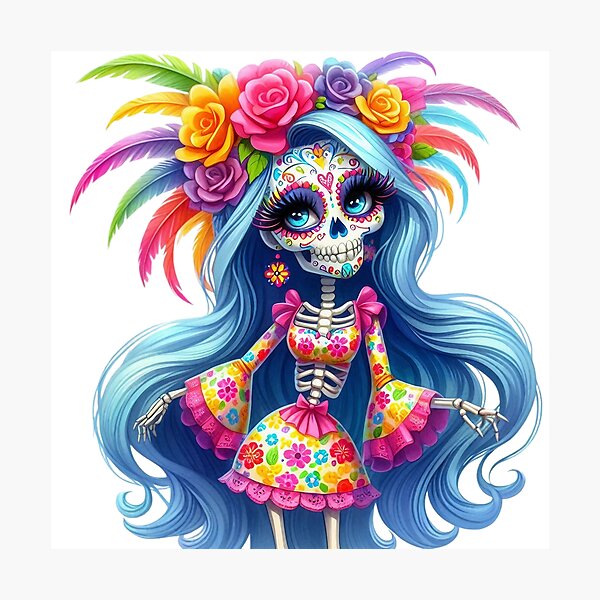 Item preview, Blue Hair Catrina Skeleton with Colorful Flowers designed and sold by Krasnovaovaova.
