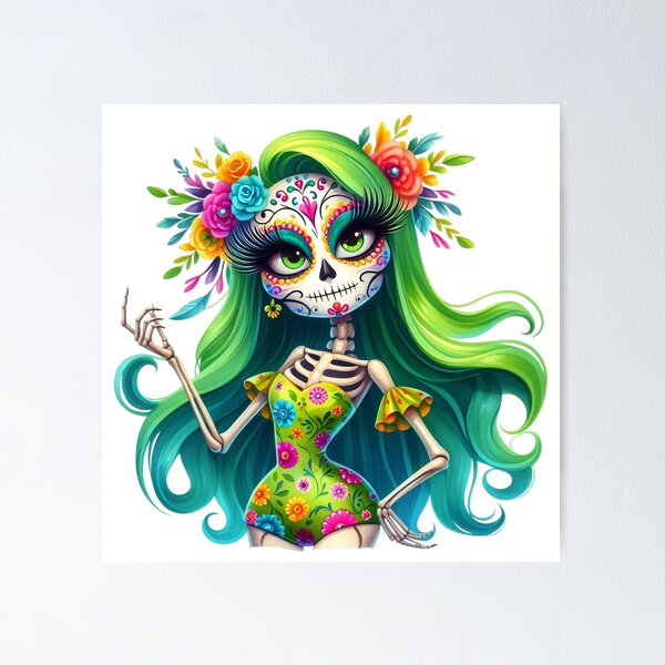 Item preview, Green Hair Catrina with Floral Crown and Dress designed and sold by Krasnovaovaova.