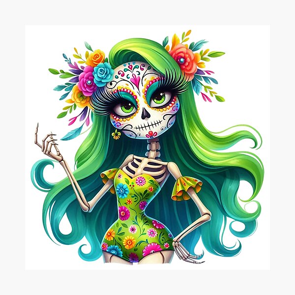 Item preview, Green Hair Catrina with Floral Crown and Dress designed and sold by Krasnovaovaova.