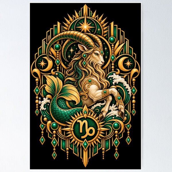 Item preview, Emerald Mountain Sentinel – Art Deco Capricorn Zodiac designed and sold by RockitBaby.