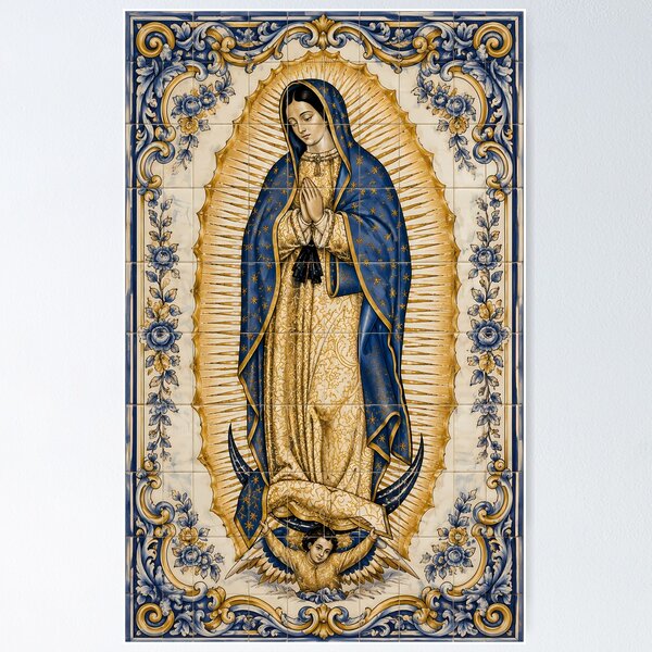 Item preview, Our Lady of Guadalupe – Portuguese Azulejo Tile Art, Blue and Gold Catholic Marian Decor designed and sold by Crux Fidelis.