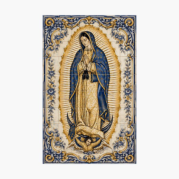 Item preview, Our Lady of Guadalupe – Portuguese Azulejo Tile Art, Blue and Gold Catholic Marian Decor designed and sold by Crux Fidelis.