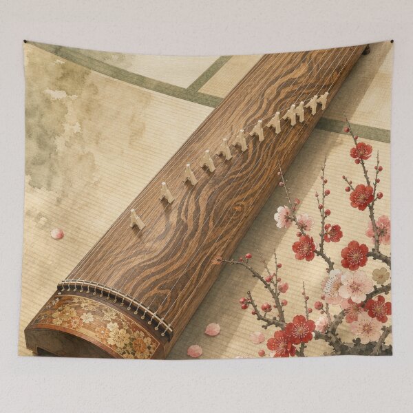 Item preview, Traditional Japanese Koto & Red Plum Blossoms - Vintage Watercolor designed and sold by vekotpu.