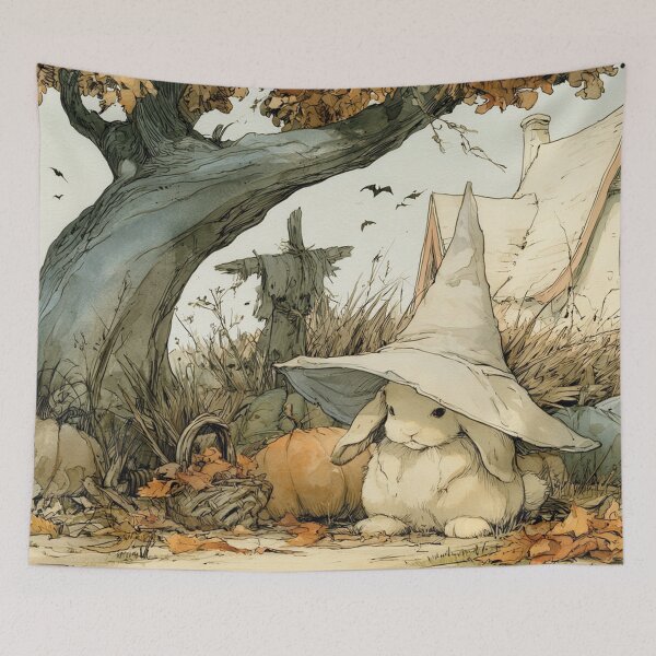 Item preview, Rabbits as witches in autumn, cozy cottagecore image designed and sold by Mauswohn.