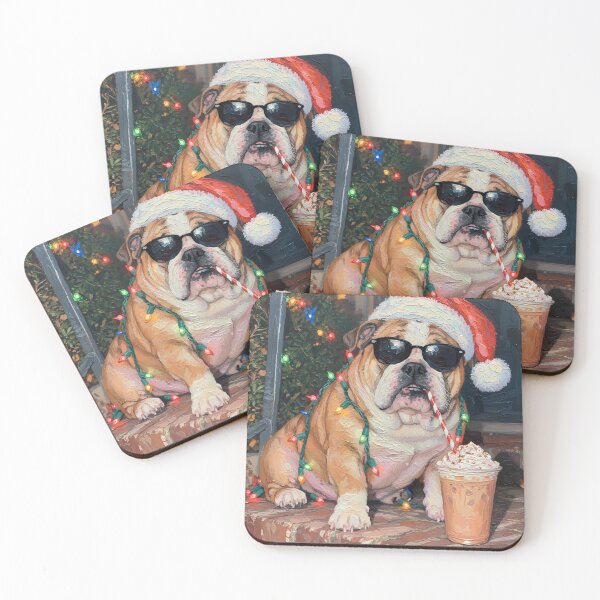 Item preview, Funny Christmas English Bulldog Drinking Iced Coffee Santa Hat Sunglasses Vintage Oil Painting Descripti designed and sold by Nordo Studio.