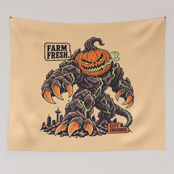 Item preview, Giant pumpkin kaiju over miniature city designed and sold by Apocalyptic Art Studio.