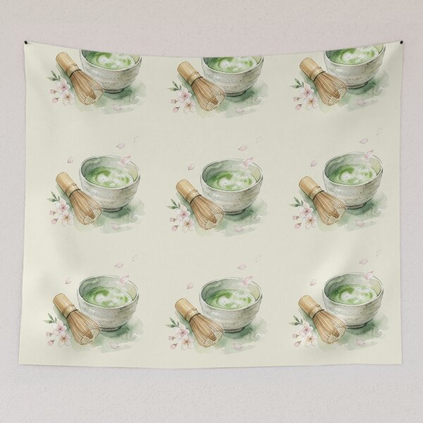 Item preview, Watercolor Matcha Green Tea Set with Sakura Petals designed and sold by bvdesignart.