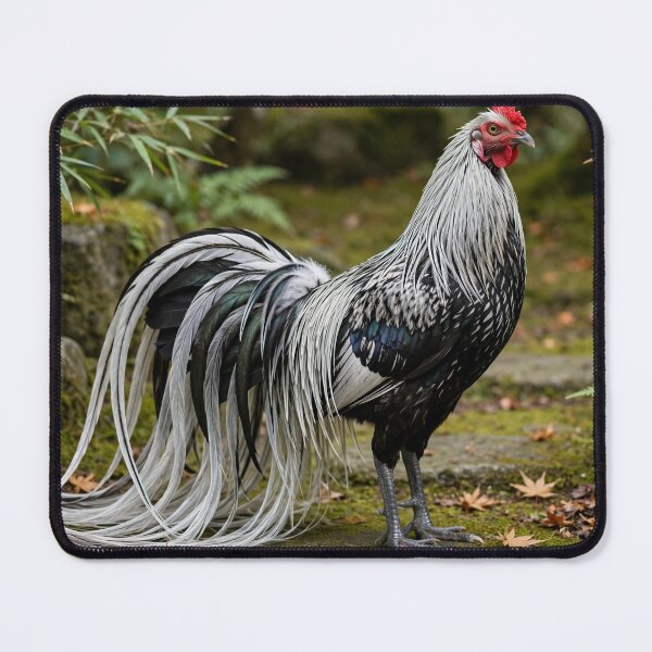 Item preview, Rare Onagadori Rooster — Long-Tailed Japanese Chicken with Silver Plumage in a Garden designed and sold by Stevercortinas.