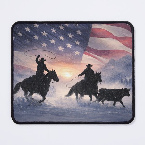 Item preview, Country Western Christmas Seasons Greetings Cowboys Riding and Roping Beneath American Flag designed and sold by Stephanie Laird.