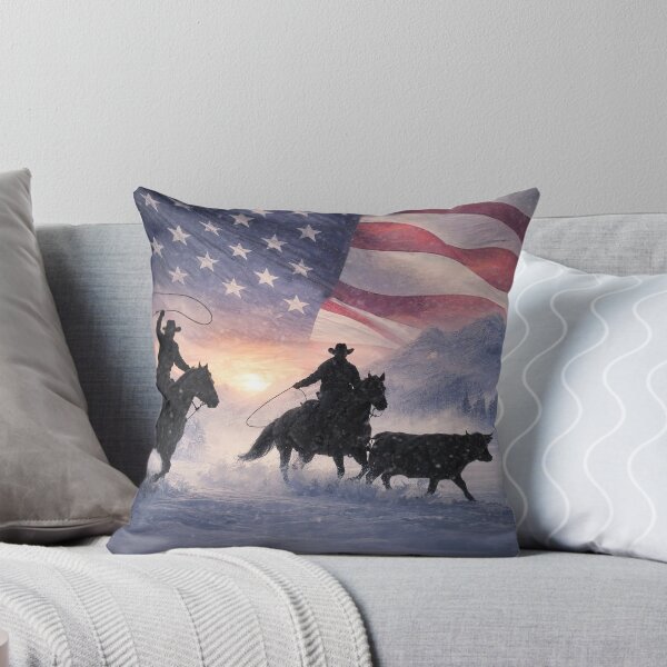 Item preview, Country Western Christmas Seasons Greetings Cowboys Riding and Roping Beneath American Flag designed and sold by Stephanie Laird.