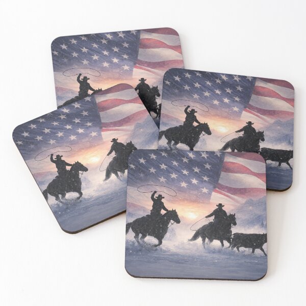 Item preview, Country Western Christmas Seasons Greetings Cowboys Riding and Roping Beneath American Flag designed and sold by Stephanie Laird.