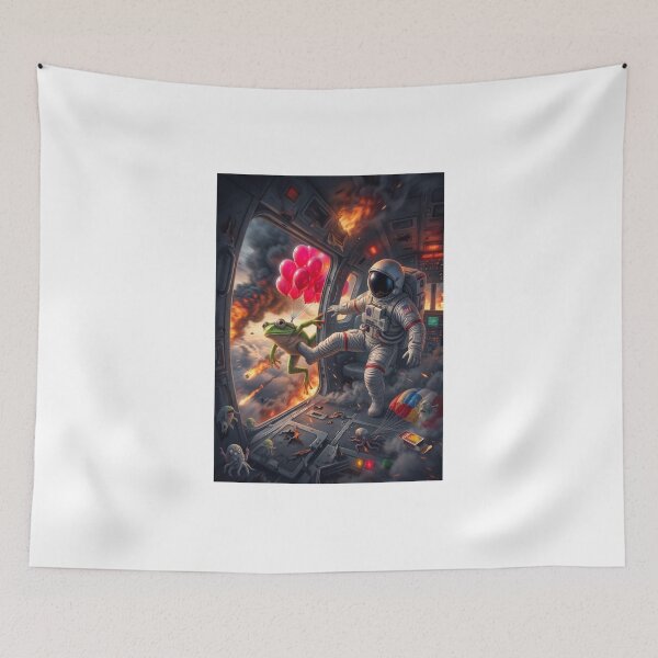 Item preview, Astronaut Kicks Alien Frog Spaceship Crash Red Balloons Pop Surrealism designed and sold by Rain-Road.