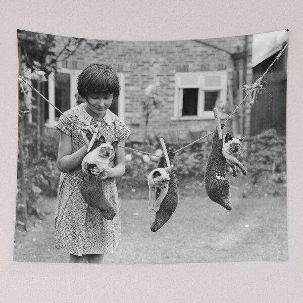 Item preview, Cat Mom, Three Siamese kittens hung up in socks on the clothes line to dry 1931 funny humorous fine art vintage black and white photograph designed and sold by Astrid Arkhangelsky.