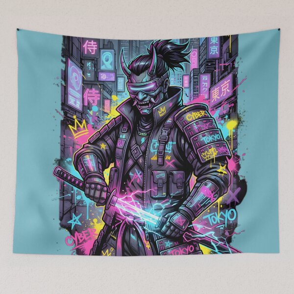 Item preview, Neon Cyberpunk Samurai - Grunge Neo-Tokyo Streetwear designed and sold by AetherNovus.