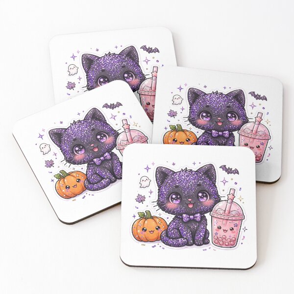 Item preview, Purple Glitter Black Cat with Pink Boba Tea and Pumpkin designed and sold by Sofia art shop.