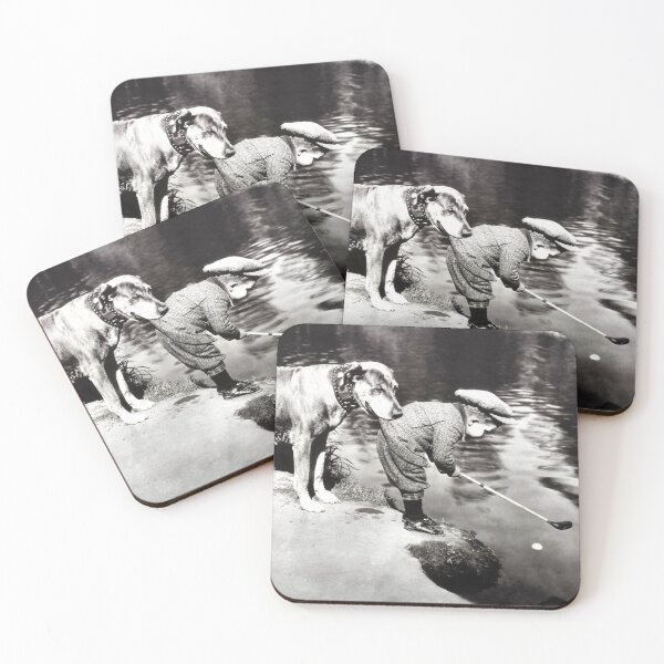 Item preview, The agony of defeat, 1920's dog caddie and little boy getting golf ball out of the drink funny humor vintage black and white photograph designed and sold by Astrid Arkhangelsky.