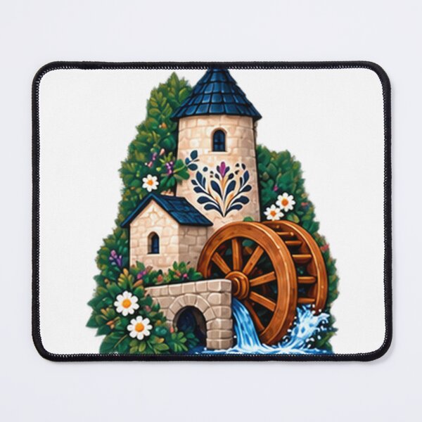 Item preview, Stone Flour Mill with Wooden Waterwheel designed and sold by H. Doucette Studio.