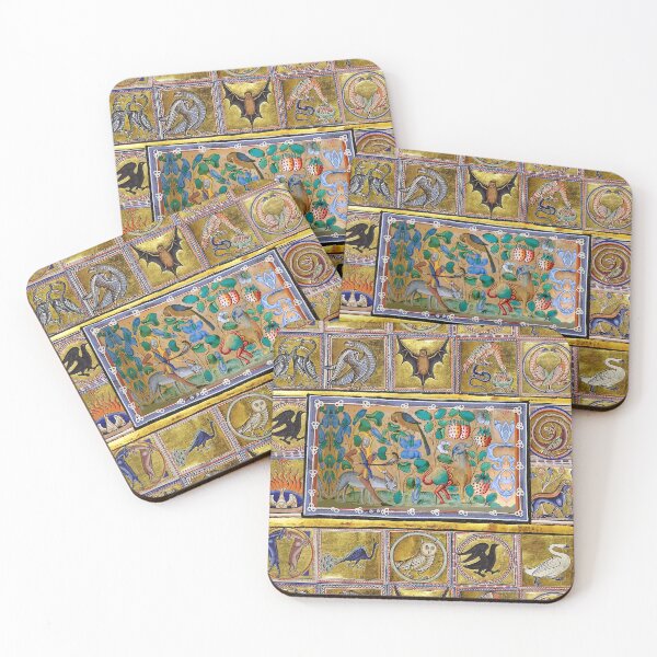 Item preview, MEDIEVAL BESTIARY, JESTER WITH BIG CAT AND GRIFFIN,FANTASTIC ANIMALS,FLOWERS IN GOLD RED BLUE COLORS designed and sold by BulganLumini.