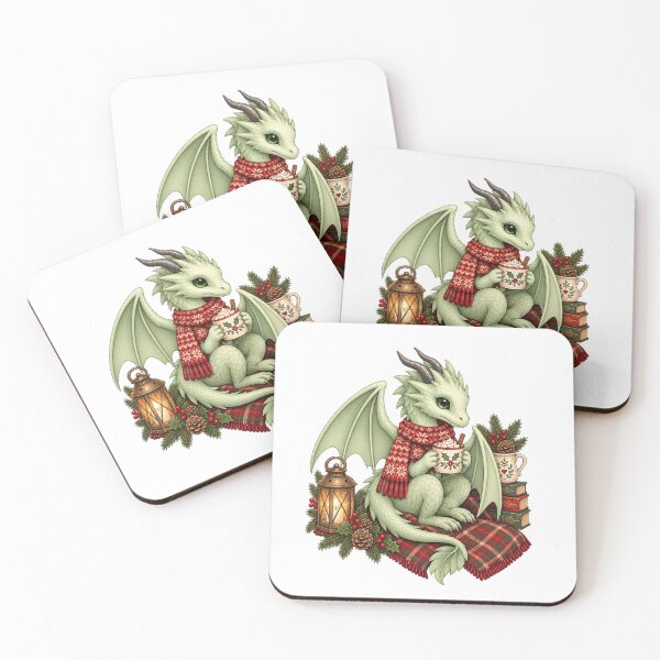 Item preview, Cozy Christmas Mint Green Dragon with Hot Cocoa and Winter Blanket designed and sold by Hatchling Hollow.