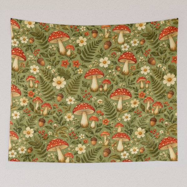Item preview, Cottagecore Mushrooms and Wildflowers Woodland Pattern designed and sold by Epic Wear Store.