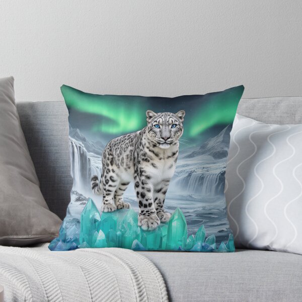 Item preview, Snow Leopard of the Emerald Aurora – Turquoise Crystal Kingdom designed and sold by DreamyWallVibes.