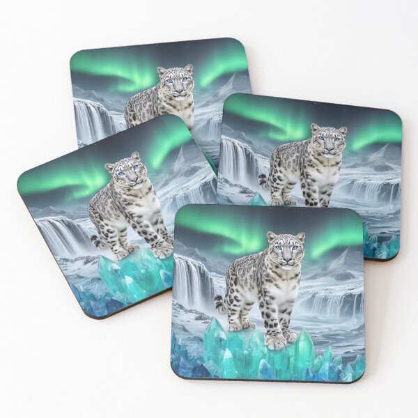 Item preview, Snow Leopard of the Emerald Aurora – Turquoise Crystal Kingdom designed and sold by DreamyWallVibes.