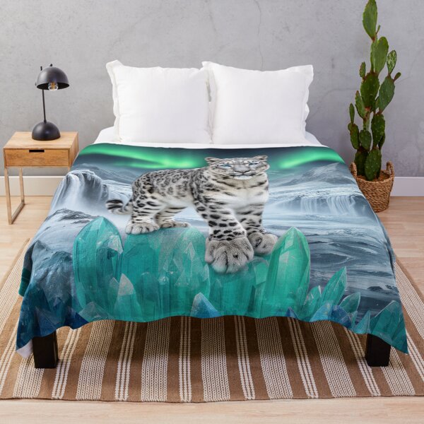 Item preview, Snow Leopard of the Emerald Aurora – Turquoise Crystal Kingdom designed and sold by DreamyWallVibes.