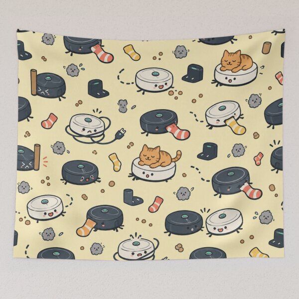 Item preview, Robot Vacuum Funny Pattern | Cute Robots Stealing Socks, Chasing Crumbs and Carrying a Cat designed and sold by DebugLab.