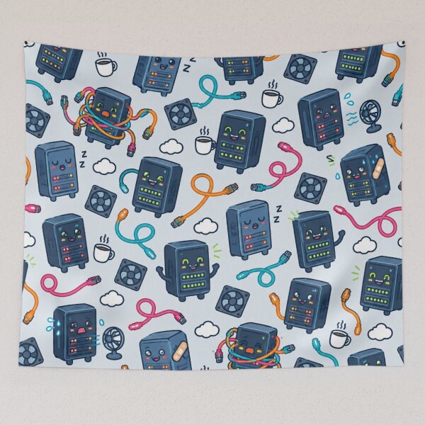 Item preview, Server Rack Funny Pattern | Cute Servers with Coffee, Cable Spaghetti and Band-Aids designed and sold by DebugLab.