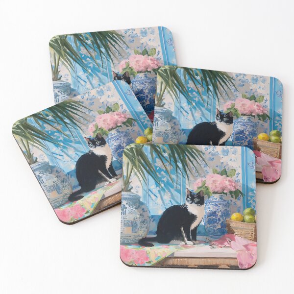 Item preview, Black and white cat in blue chinoiserie room designed and sold by SophieClimaArt.