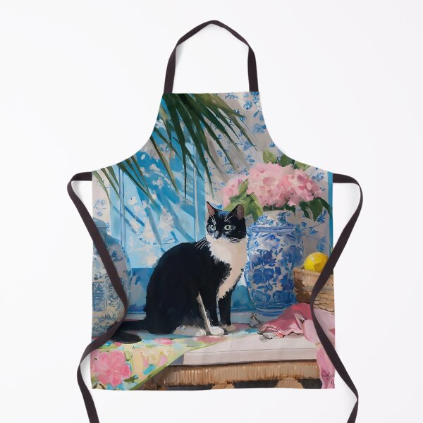 Item preview, Black and white cat in blue chinoiserie room designed and sold by SophieClimaArt.