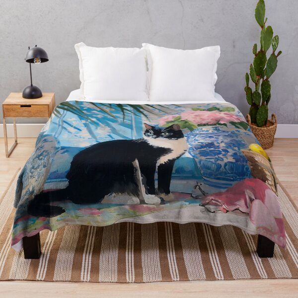 Item preview, Black and white cat in blue chinoiserie room designed and sold by SophieClimaArt.