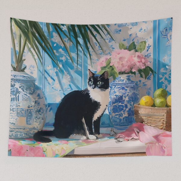 Item preview, Black and white cat in blue chinoiserie room designed and sold by SophieClimaArt.
