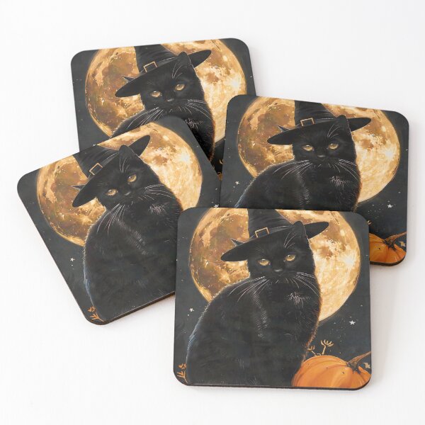 Item preview, Vintage Halloween Black Cat Spooky Witch Hat and Full Moon designed and sold by FaizArtShop.