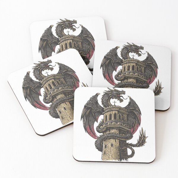Item preview, Gothic Dragon Wrapped Around Castle Tower, Medieval Fantasy Dragon Art, Vintage Woodcut Style Illustration designed and sold by MerchMain.