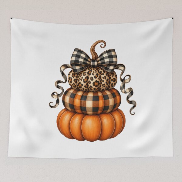 Item preview, Leopard Print Stacked Pumpkins with Buffalo Plaid Bow – Cute Fall Autumn Design designed and sold by Heather Renees Designs.