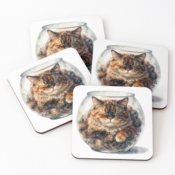 Item preview, Watercolor fluffy calico cat sleeping in fishbowl designed and sold by WildArtIT.