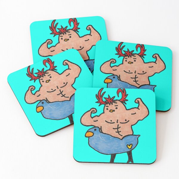 Item preview, Muscular Bird With Antlers Riding Blue Bird Cartoon Art designed and sold by helenturnera.