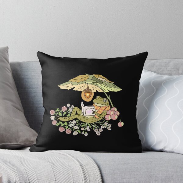 Item preview, Frog Reading Book with Introvert Sign, Clover Bed, Acorn Lantern, Leaves, Scarf, and Apples Cottagecore Illustration designed and sold by LeshanArt.
