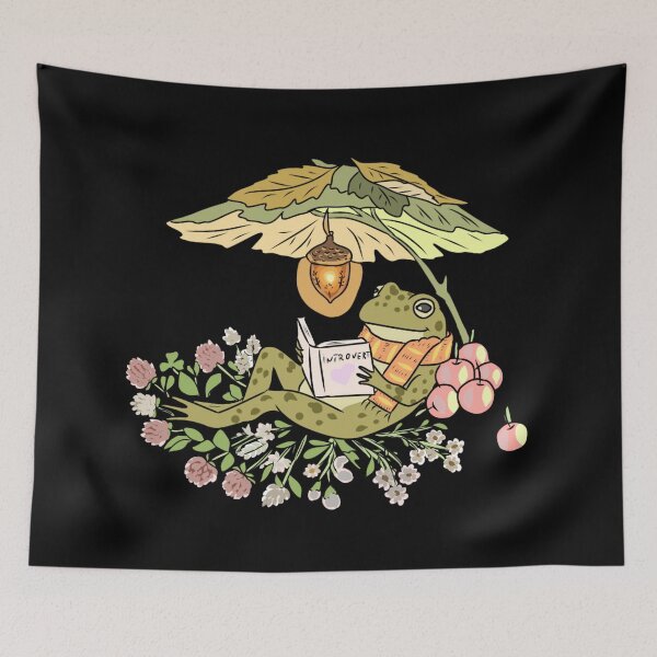 Item preview, Frog Reading Book with Introvert Sign, Clover Bed, Acorn Lantern, Leaves, Scarf, and Apples Cottagecore Illustration designed and sold by LeshanArt.