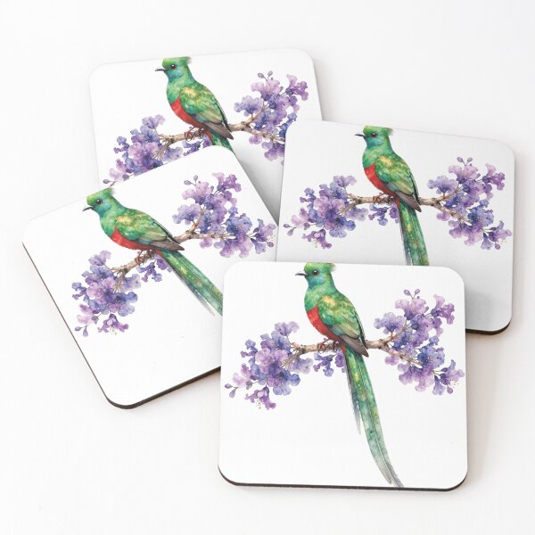 Item preview, Watercolor resplendent Quetzal bird purple jacaranda flowers designed and sold by WildArtIT.