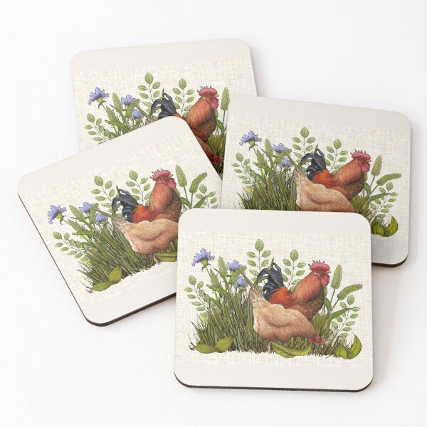 Item preview, Rooster and Hen in the Grass and Weeds Illustration No. 2 designed and sold by JoyfulWhimsy.