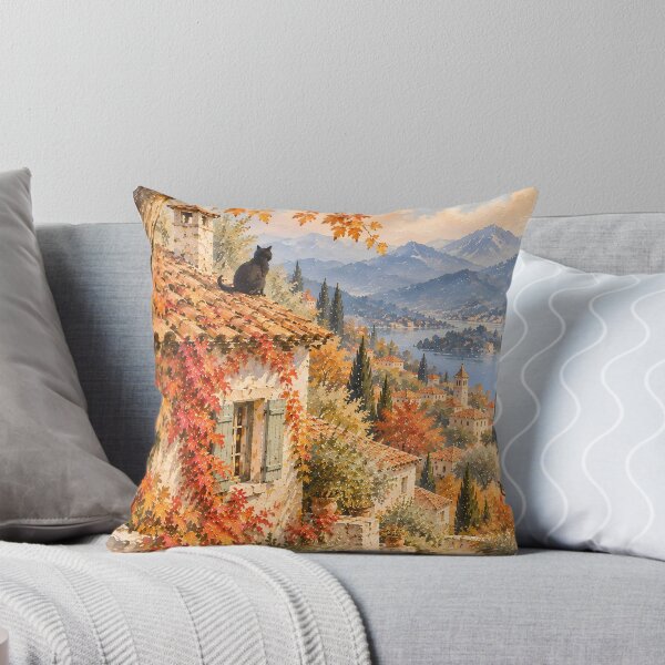 Item preview, Rustic Autumn Village Oil Painting with Black Cat designed and sold by Jozefin's Studio.