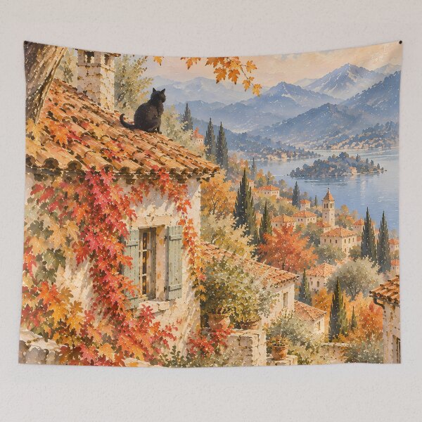Item preview, Rustic Autumn Village Oil Painting with Black Cat designed and sold by Jozefin's Studio.