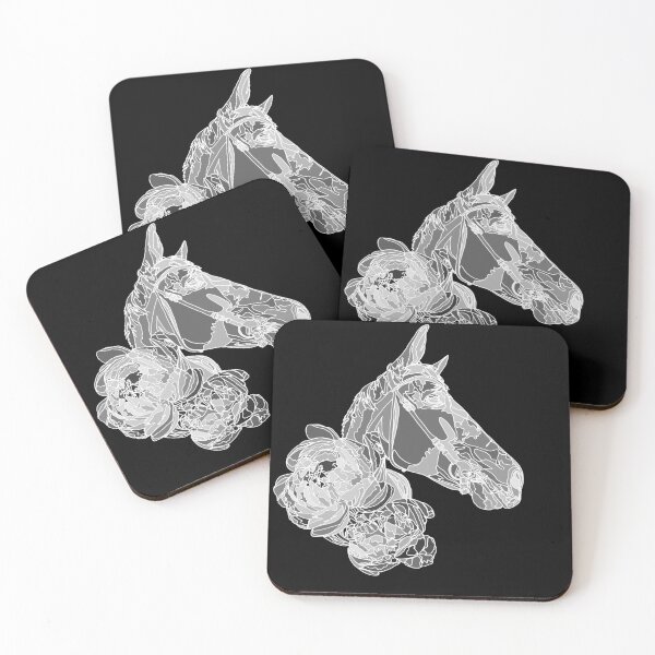 Item preview, White Horse with Peonies Floral Monochrome Dark Mode Illustration designed and sold by TatianaEleonor.