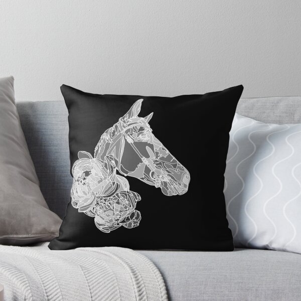 Item preview, White Horse with Peonies Floral Monochrome Dark Mode Illustration designed and sold by TatianaEleonor.