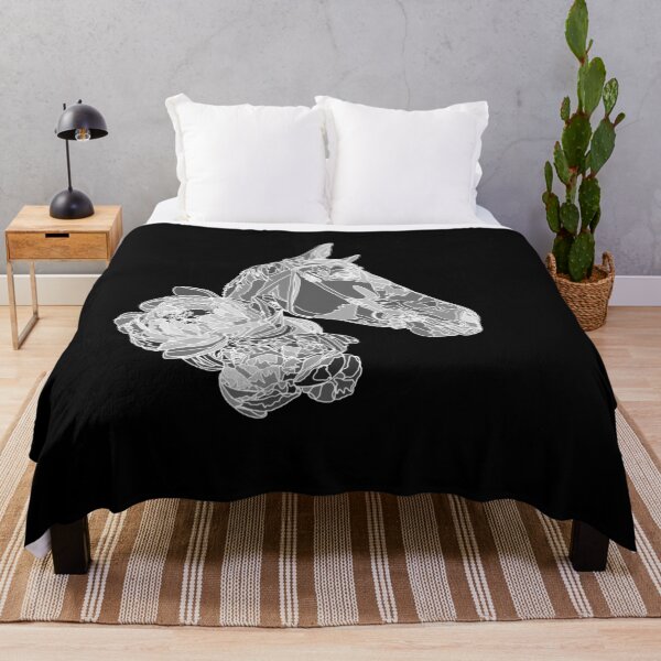 Item preview, White Horse with Peonies Floral Monochrome Dark Mode Illustration designed and sold by TatianaEleonor.